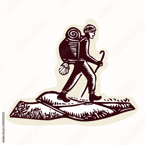 Single pilgrim man figure with backpack, scallop shell and walking stick hiker. Hand drawn isolated black and white vector motif for European camino pilgrimage in Spain or Canterbury pilgrims way
