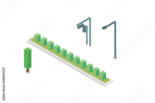 Isometric Streetlights And Green Hedge Row