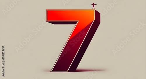 Large number 7, gradient red orange, 3D digit, isolated on beige