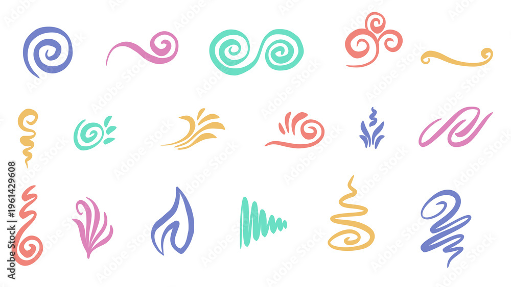 Fototapeta premium Collection of colorful swirl doodle design elements isolated on white background, artistic hand drawn curls and decorative ornaments - Transparent PNG