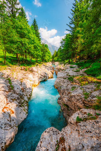Canvas Print Male Korita or small canyon of Soca river near Bovec in Slovenia