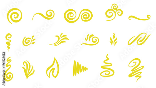 Collection of abstract yellow hand-drawn swirls, flourishes, and curves on a white background - vector illustration with transparent background.
