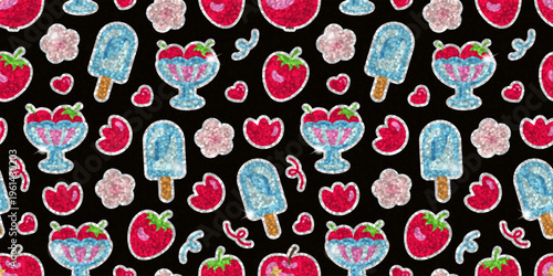 Seamless glitter sticker pattern with strawberries, popsicles, dessert cups, hearts and flowers on black background. Bright shiny repeating texture for fabric, wrapping paper, stationery and prints.