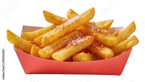 Tablou pe pânză Golden crispy potato fries sprinkled with coarse salt, presented in red paper co