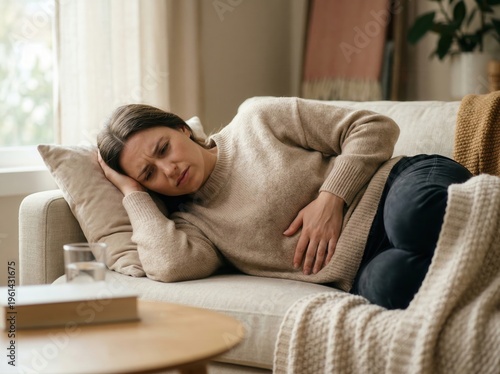 Young woman suffering from abdominal pain, lying on sofa at home