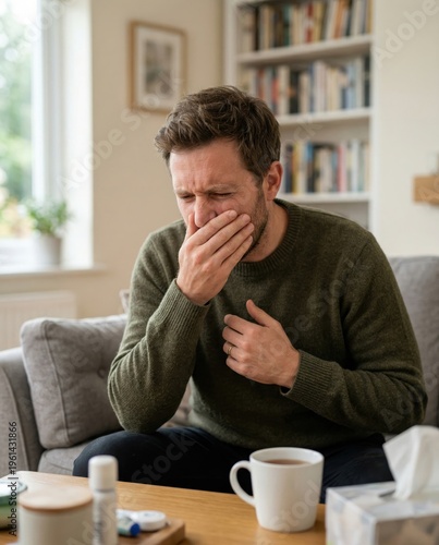 Distressed Man Suffering from Nausea and Sickness at Home