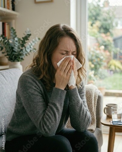 Woman battling seasonal allergies or common cold, using a tissue while sitting on sofa