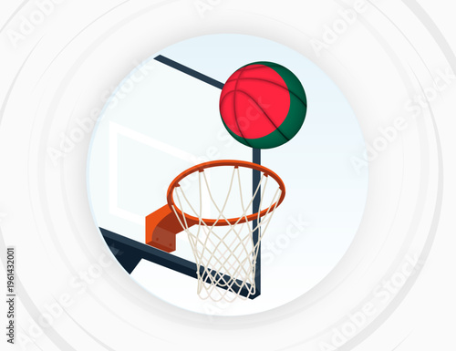 Bangladesh Flag Themed Basketball in Motion, Scoring Moment in Basketball Game.