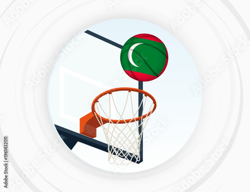 Maldives Flag Themed Basketball in Motion, Scoring Moment in Basketball Game.