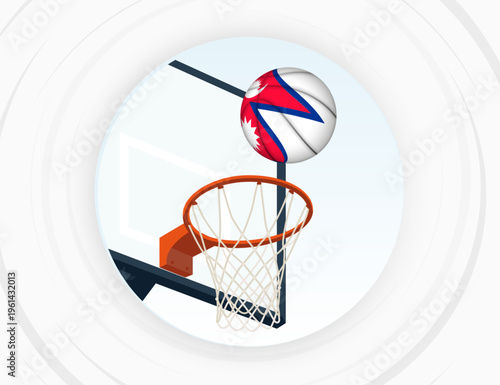 Nepal Flag Themed Basketball in Motion, Scoring Moment in Basketball Game.