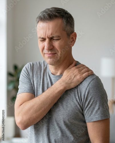 Mature man experiencing persistent shoulder and neck pain, grimacing
