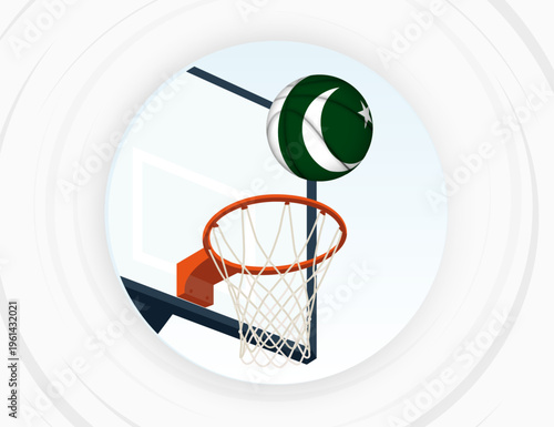 Pakistan Flag Themed Basketball in Motion, Scoring Moment in Basketball Game.