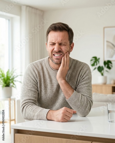 Young man suffering from severe toothache and dental pain at home