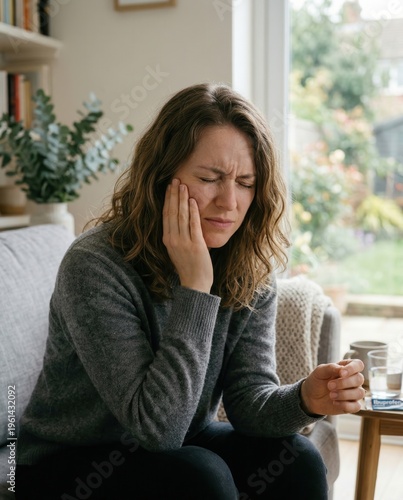 Young woman suffering from severe toothache, holding her jaw in extreme discomfort at home