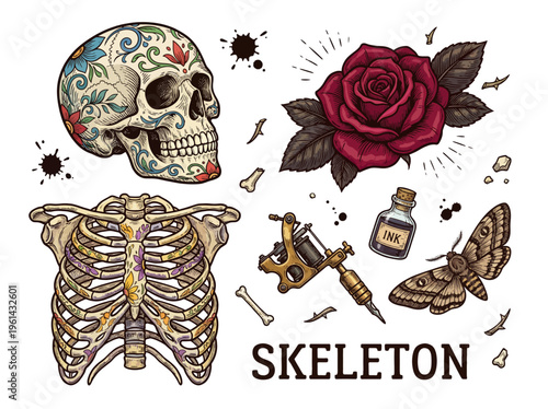 Vintage Tattoo Art Vector Set Featuring Decorated Human Skull, Rib Cage with Flowers, Red Rose, Moth, and Tattoo Machine Illustration