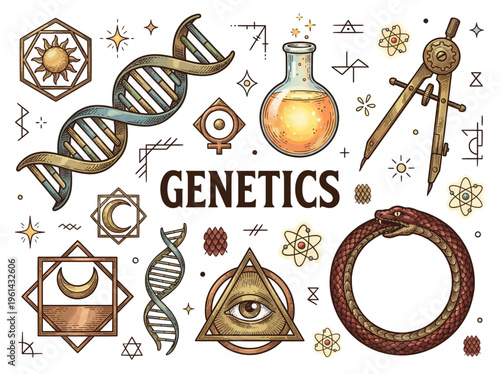 Vintage Genetics and Alchemy Science Vector Illustration Set with DNA Helix, Laboratory Flask, and Mystical Symbols