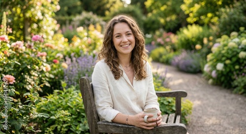 Woman sitting in a beautiful lush garden holding a cup of coffee