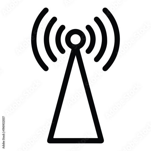 Broadcast Transmitter Antenna Icon Design, Minimalist Wireless Communication Tower with Signal Waves, Radio Station and Telecommunications Network Vector Illustration on White Background