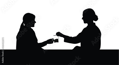 Two women in silhouette making transaction or exchange with hands, modern minimalist style illustration for business finance concept