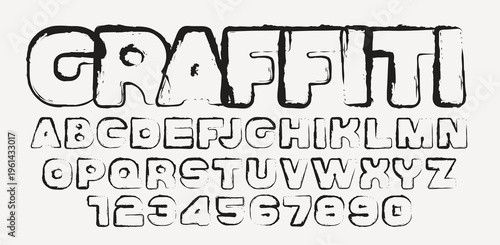 A vector font themed around graffiti, grunge, and street style. A Latin alphabet of simple linear letters, either stenciled or crooked, hand-drawn with jagged lines, spots, and splashes.