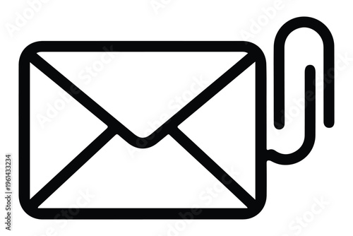 Minimalist Email Envelope Icon with Paperclip Attachment, Vector Line Art for Digital Message, Mail Notification, and Document Transfer UI Design on White Background