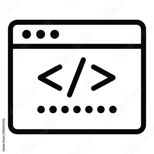 Web Browser Development Icon with Coding Symbols, Minimalist Vector Line Art for Programming, Software Engineering, and Web Design Projects on White Background