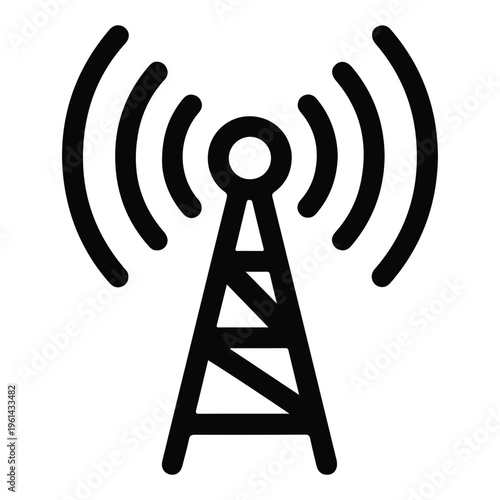 Broadcast Transmitter Antenna Icon Design, Minimalist Wireless Communication Tower with Signal Waves, Radio Station and Telecommunications Network Vector Illustration on White Background