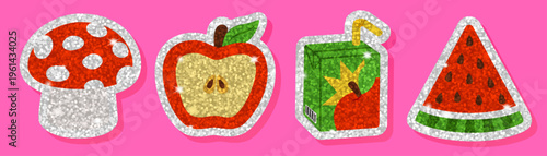 Glitter sticker set with mushroom, apple, strawberry juice box and watermelon slice on pink background. Bright shiny food illustration with sparkling texture and white outline details for packaging.