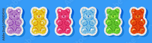 Glitter gummy bear sticker set on blue background with purple, yellow, pink, blue, green and orange candy bears. Bright shiny sweet illustration with sparkling texture and white outline details.