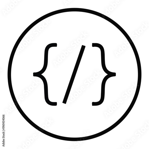 Programming Code Icon, Modern Minimalist Brackets and Slash Circle Symbol for Software Development, Website Coding, Digital Algorithm and Technology Interface Design