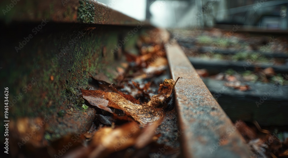 Fototapeta premium Rusted metal steps covered in fallen autumn leaves, damp and decaying