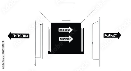 Medical emergency and pharmacy entrance signs in hospital corridor with arrows pointing to different directions in a healthcare facility