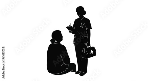 Two people adult male and female in silhouette talking and discussing with clipboard and briefcase in hand