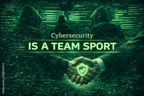Handshake between cybersecurity professionals in green digital environment symbolizing collaborative defense teamwork and shared responsibility protecting critical information systems