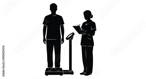 Healthcare professional and patient on medical scale with doctor taking notes in clinic or hospital setting for health and wellness concept