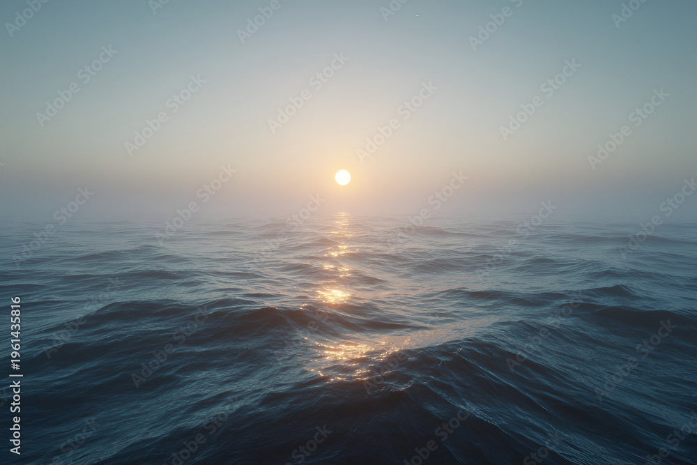 Obraz premium A serene seascape shows gentle ocean waves under a misty sky with the sun setting, casting a shimmering light