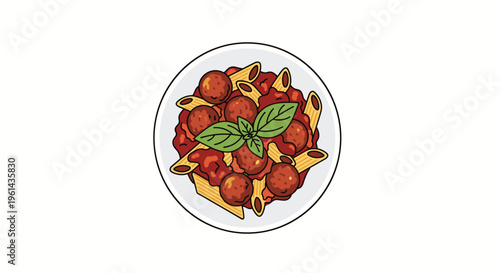 A white plate holds penne pasta with meatballs and fresh basil leaves centered on a clean white background.