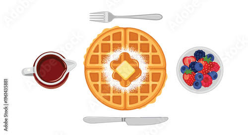 A round waffle with butter and powdered sugar is surrounded by a fork, knife, syrup, and mixed berries on a white surface.