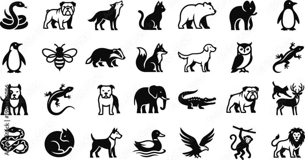 Fototapeta premium Minimalist Animal Silhouette Icon Set for Branding and UI