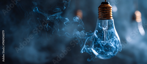 Close-up of a lightbulb with wisps of blue smoke surrounding it. The background has a soft gradient of darker blue hues. Several bulbs