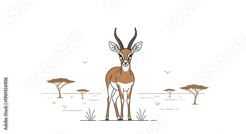 A brown and white gazelle with prominent horns stands in a minimalist savanna landscape under a clear sky.