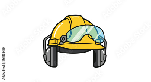 A bright yellow hard hat with clear safety goggles and grey ear protection muffs is centered against a white background.