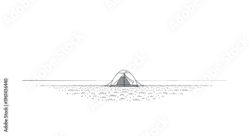 A small grey and white camping tent is pitched on a ground with short grass blades against a white background.