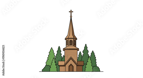 A simple brown wooden church with a tall steeple and cross stands centered among green pine trees on a white background.
