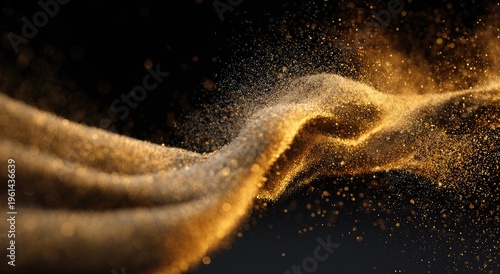 Gilded dust particles flow in a sinuous, illuminated stream against dark