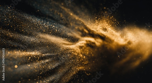 Swirling golden particles drift and glow against a dark, moody background