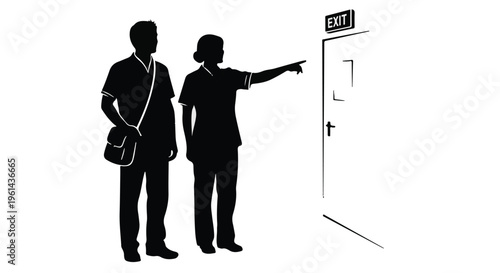 Silhouette of a female nurse pointing towards an exit door while a male medical staff member stands beside her