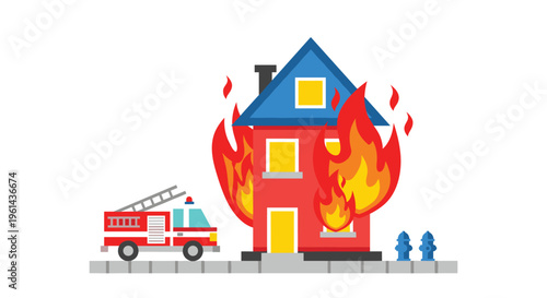 A red two-story house with a blue roof is engulfed in large orange flames, with a fire truck parked nearby and two blue fire hydrants.