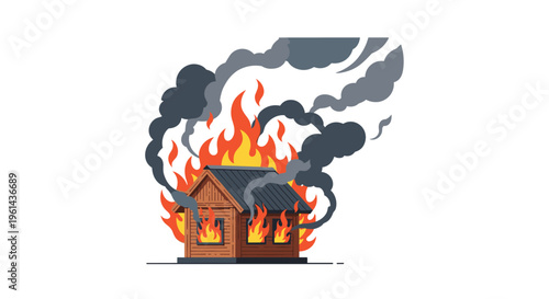 A small brown wooden house with a dark grey roof is intensely burning with large orange flames and thick black smoke billowing out.