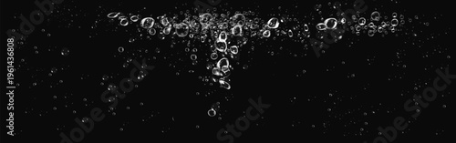 Abstract water drops and transparent soap bubbles on dark background. Fizzy soda bubble texture.